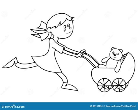 Girl And Stroller Coloring Stock Vector Illustration Of Icon