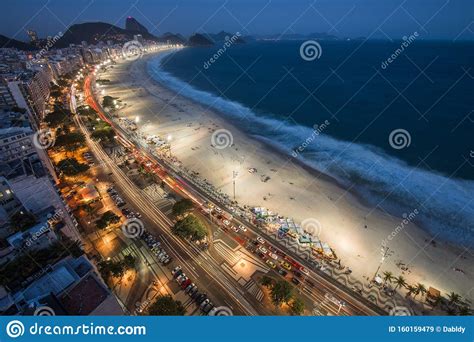 View Of Copacabana Beach In Rio De Janeiro At Night Stock Image Image