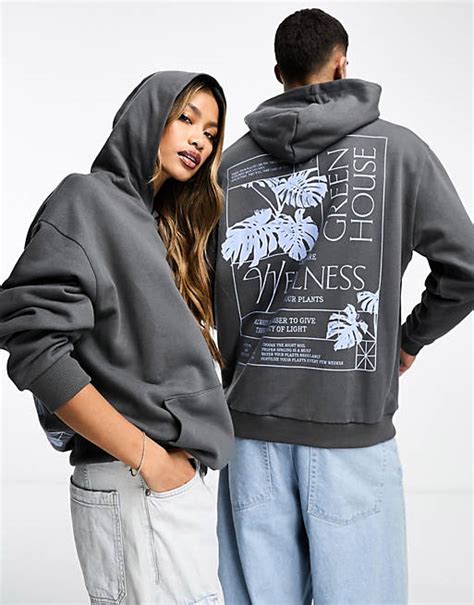 Asos Design Unisex Oversized Hoodie In Gray With Floral Photographic