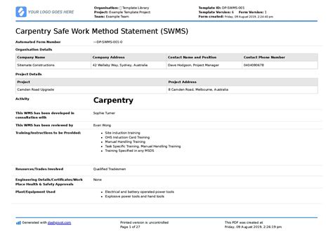 Carpentry Safe Work Method Statement Free Editable SWMS