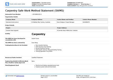 Carpentry Safe Work Method Statement Free Editable Swms