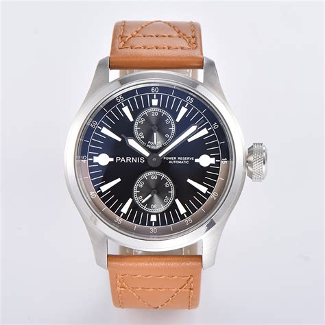 Mm Parnis Black With Gray Dial Brown Leather Strap Wrist Watches For Men