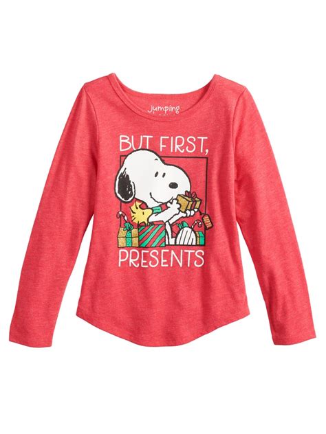 Peanuts Girls Red Snoopy But First Presents Long Sleeve Christmas T