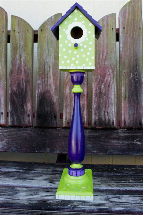 Whimsical Hand Painted Purple And Green Birdhouse On Pedestal Pedestal