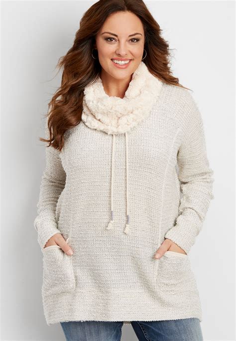 Plus Size Pullover Tunic Sweater With Metallic Shimmer And Faux Fur