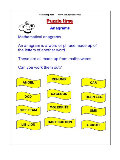 This collection of printable math puzzles includes math crosswords, logic puzzles and more. maths-puzzle-04-anagrams.pdf