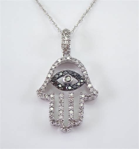 Diamond Hamsa Evil Eye Pendant Necklace K White Gold Chain Jewish