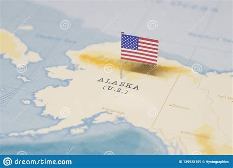 The Flag Of The United States On The Alaska In The World Map Stock