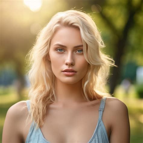 Premium Ai Image A Woman With Blonde Hair And Blue Eyes Stands In The Sun