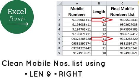Clean Mobile Numbers List Using Len And Right Functions In Excel Youtube