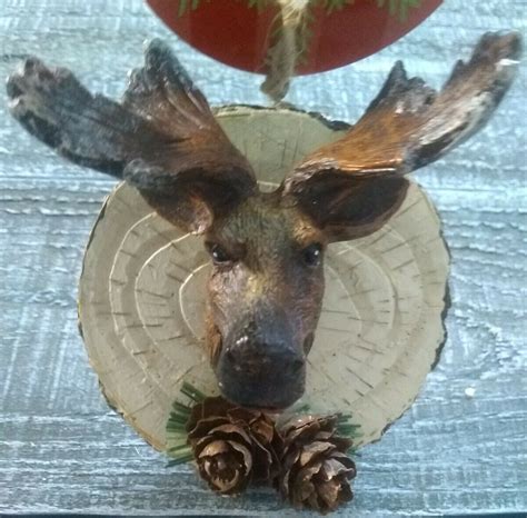 Wood Look Winter Moose Head Cabin Decor Lodge Rustic Christmas Ornament