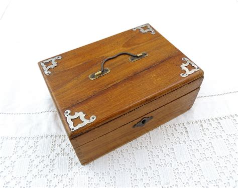 Antique French Wooden Jewelry Box With Decorative Corners And Metal Top