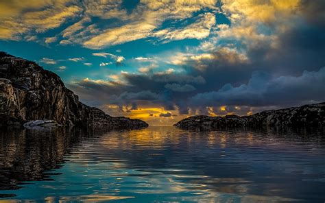 자연 풍경 일몰 해안 하늘 바다 반사 구름 햇빛 바위 물 파랑 Hd 배경 화면 Wallpaperbetter