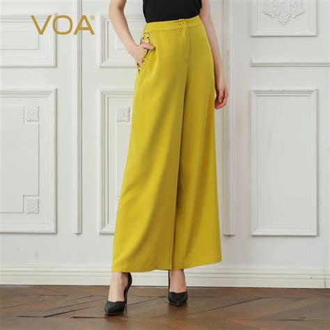 Voa Womens Fashion High Waist Wide Leg Pants Yellow Korean Palazzo Trousers Ladies Casual Loose