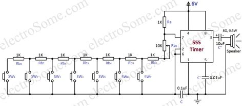We have seen in the last few tutorials that the 555 timer can be configured with externally connected components as multivibrators, oscillators and timers, with timing intervals ranging from a few microseconds to many hours. Simple Electronic Piano using 555 Timer - Toy Organ Circuit