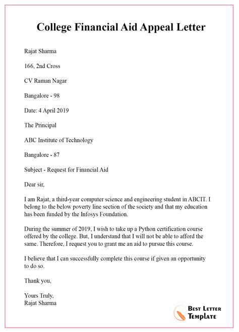 How To Write A Financial Aid Appeal Letter Sample Pdf Amelie Text