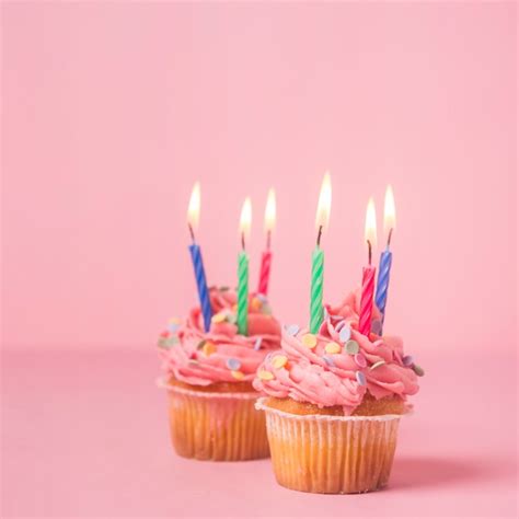 Free Photo Pink Birthday Cupcake Wit Lit Candles