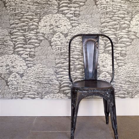 Ambient Tall British Trees Charcoal Grey Ivory Wallpaper Sanderson