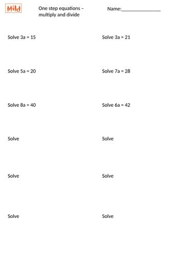 One Step Equations Multiplying And Dividing Worksheet Teaching