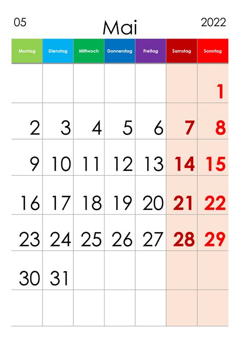 Kalender Mai 2022 Grosse Ziffern Im Hochformat Kalendersu