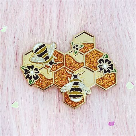 Honeycomb Pin Black Glitter Honey Bee Floral Botanical Nature Inspired Originally Designed