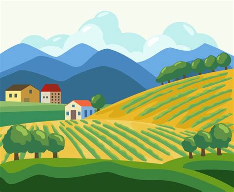 Vector Illustration Of Vineyard In The Village Near To Mountainous Area