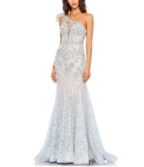 Mac Duggal Feather One Shoulder Illusion Neck Beaded Embroidery Lace Mermaid Gown Dillards