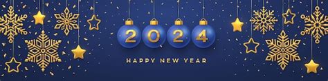 Premium Vector Happy New Year 2024 Hanging Balls With Golden 3d