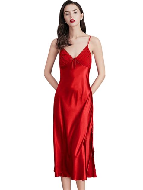 Efinny Womens Nightdress Lace Satin Lingerie Long Chemises Deep V Neck Nightgown Sexy Long