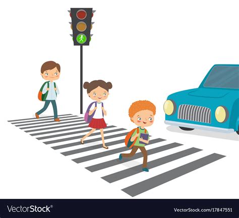 Children Cross The Road To A Green Traffic Light Vector Image
