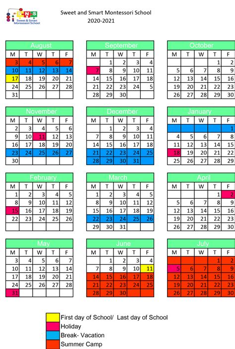 School Calendar 2021 2022 Sweet And Smart Montessori School Preschool