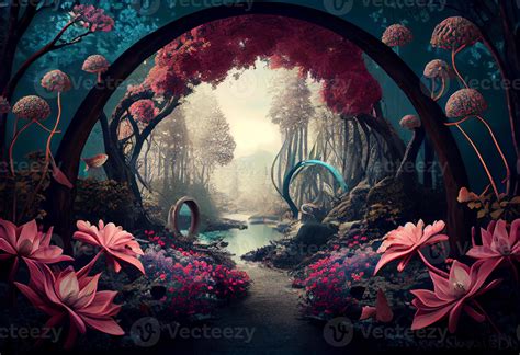 Photo Fantasy Landscape Magical Forest Background With Big Flower