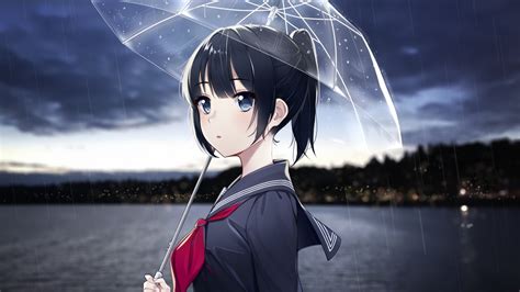 Download 1920x1080 Anime Girl Raining Umbrella Black Hair Ponytail Profile View Wallpapers