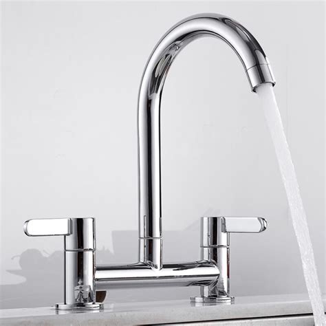 Modern Dual Lever Kitchen Sink Tap 2 Hole Mixer Taps Brass Chrome Deck Faucet Ebay