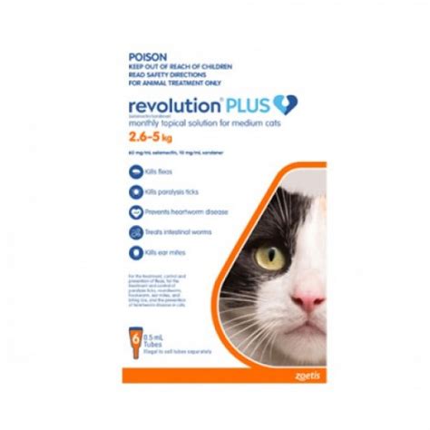 Administer the entire contents of a single tube (or two tubes in combination for cats weighing over 22 pounds) of revolution plus topically in accordance with the following table. Revolution Plus Medium Cat 2.5-5kg (5.5-11lb) - Cats & Kittens