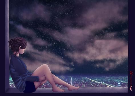 Anime Manga Girl Window City Night Sky Clouds