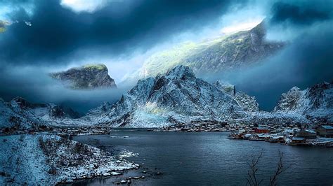 Winter Clouds Misty Mountains Snow Landscape Scenery Norway