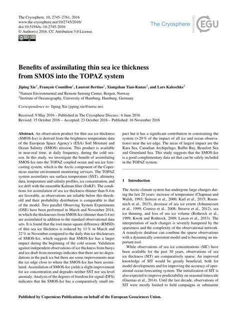 Pdf Benefits Of Assimilating Thin Sea Ice Thickness From Smos Ice