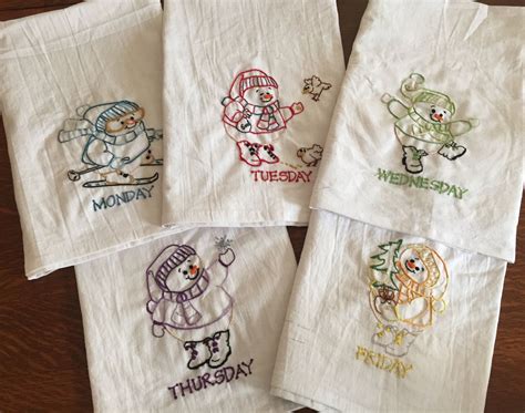 Embroidered Snowman Dish Towel Set Of Seven One For Every Day Of The