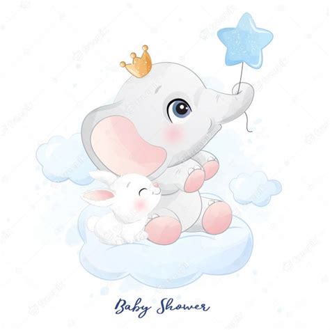 Premium Vector Cute Little Elephant Sitting In The Cloud With Bunny