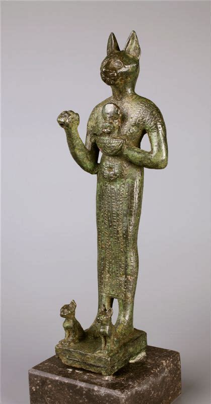 Late Period Statue Of The Cat Headed Goddess Bastet With Kittens At