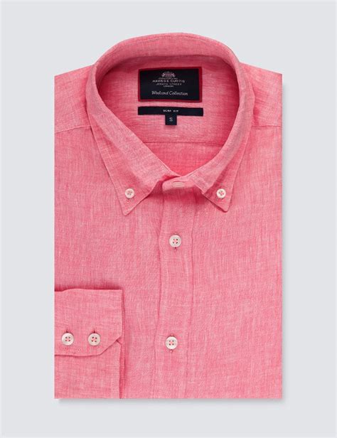 Mens Coral Pink Slim Fit Linen Shirt Single Cuff Hawes And Curtis