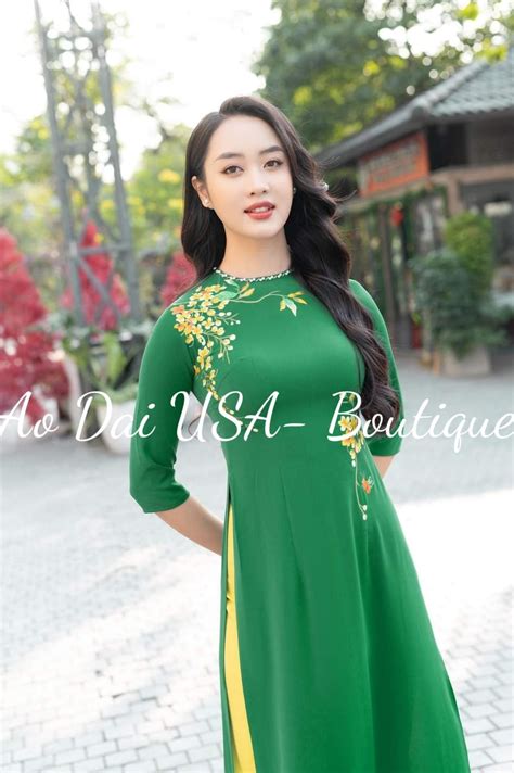 Set Ao Dai Lua Thai Tuan Theu Dark Green Embroidery Flowers Etsy