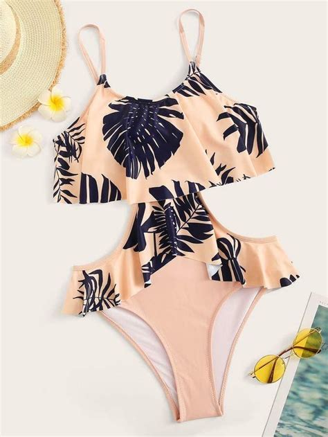 shein leaf print flounce cutout waist monokini monokini summer bathing suits girls bathing