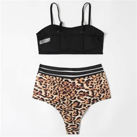 Leopard Panel Mesh High Waist Bralette Brazilian Two Piece Bikini Swim Brazilian Bikini Swimsuits