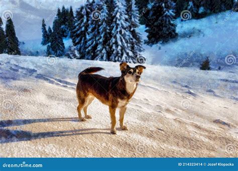 Dog In Mountain Beautiful Snowy Winter Landscape Painting Effect