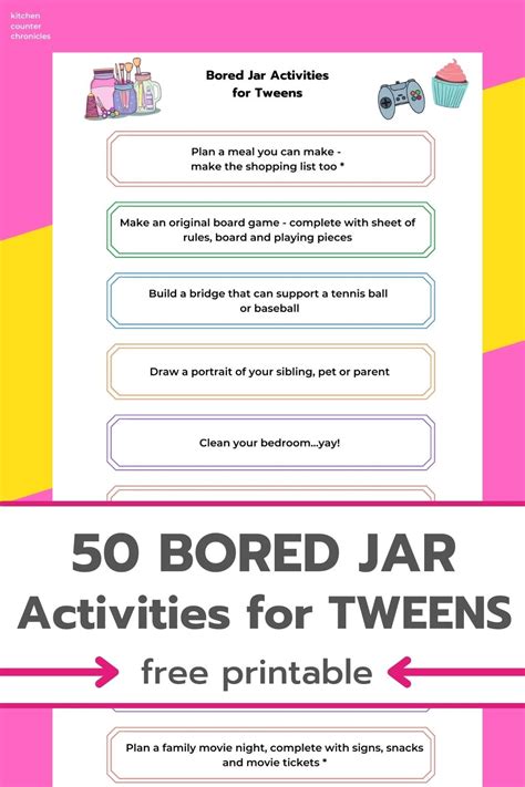 50 I M Bored Jar Activities For Tweens Free Printable