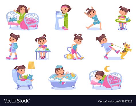 Funny Girl Daily Routine Everyday Kids Activities Vector Image