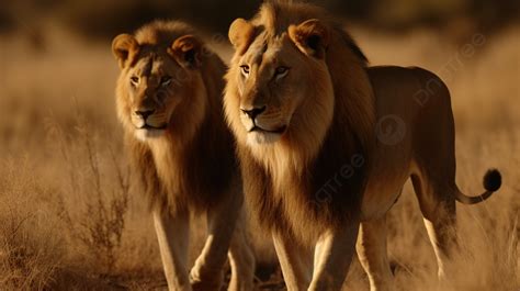 Two Male Lions Walking Through A Field Background Male And Female Lion