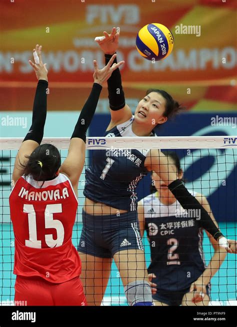 osaka japan 8th oct 2018 yuan xinyue c of china spikes during the pool f match against